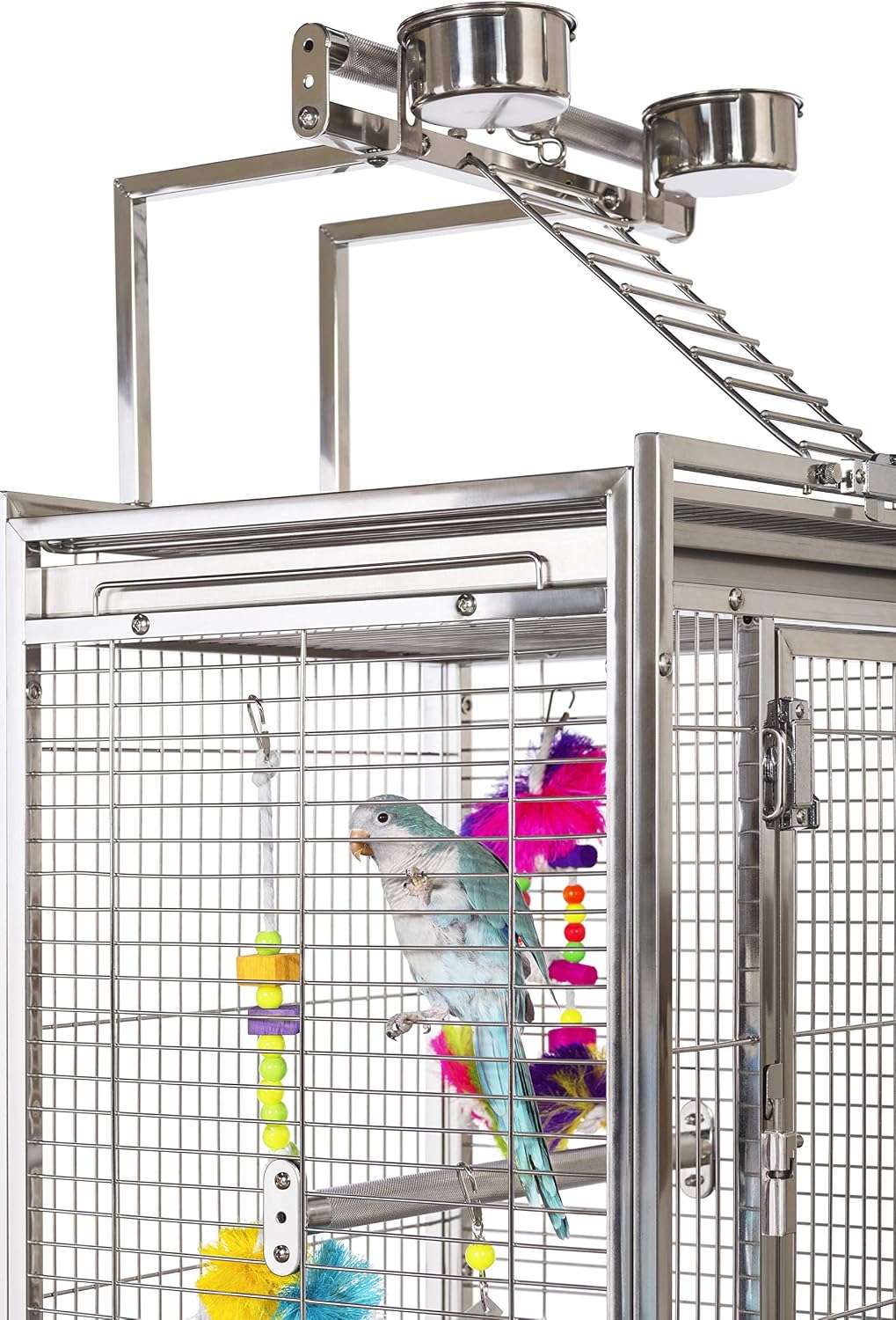 Jaula de acero inoxidable para loros con perchas de metal.