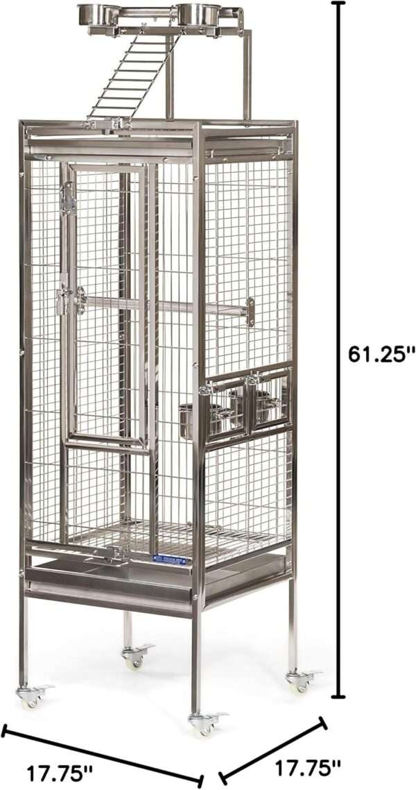 Jaula de acero inoxidable para loros con perchas de metal.