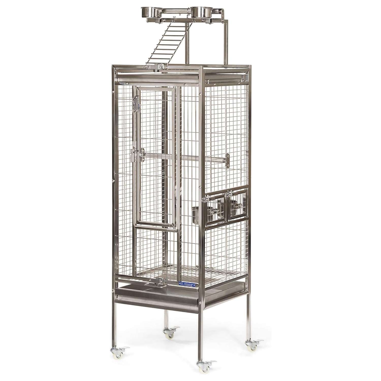 Jaula de acero inoxidable para loros con perchas de metal.
