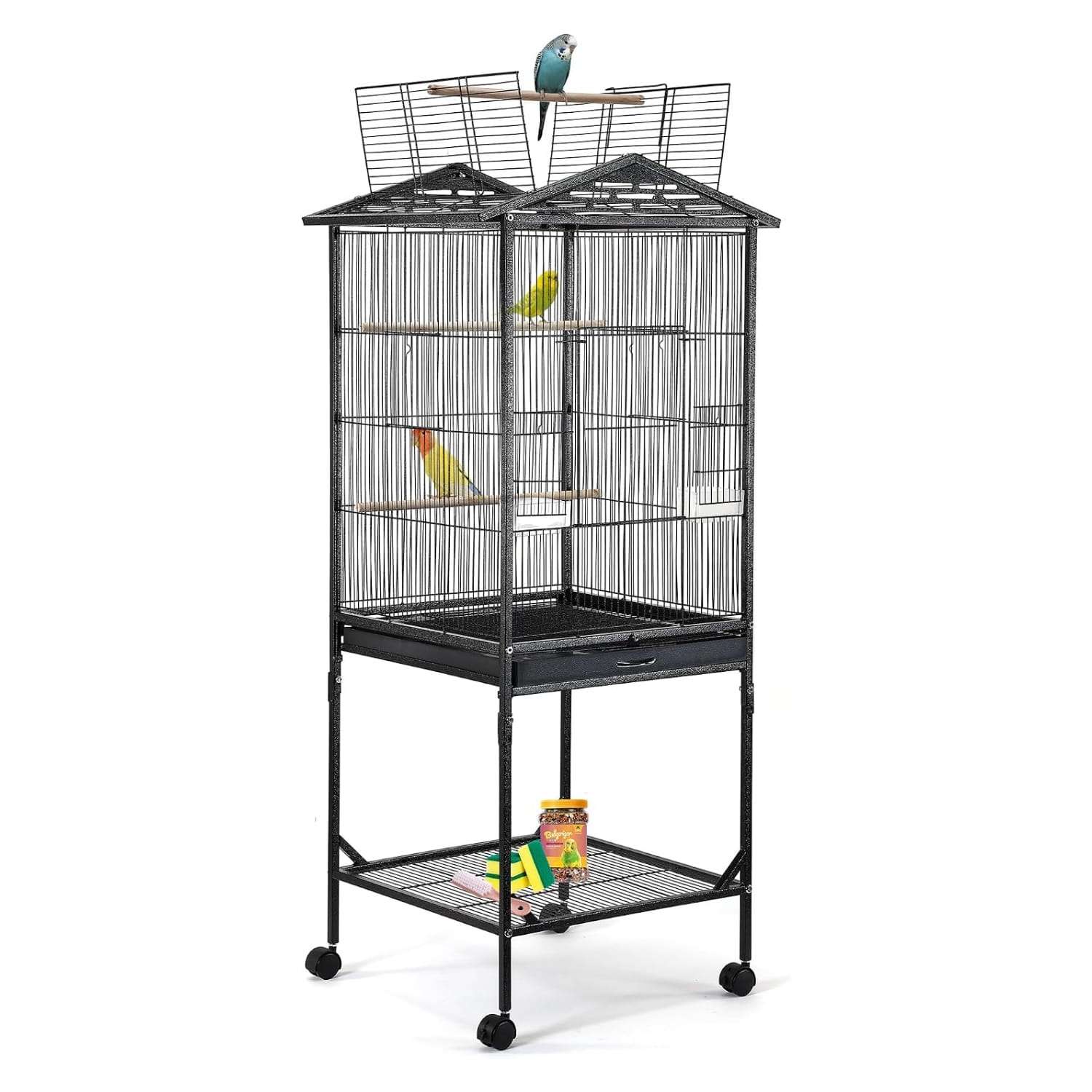 Jaula de hierro forjado para loros con techo abierto.