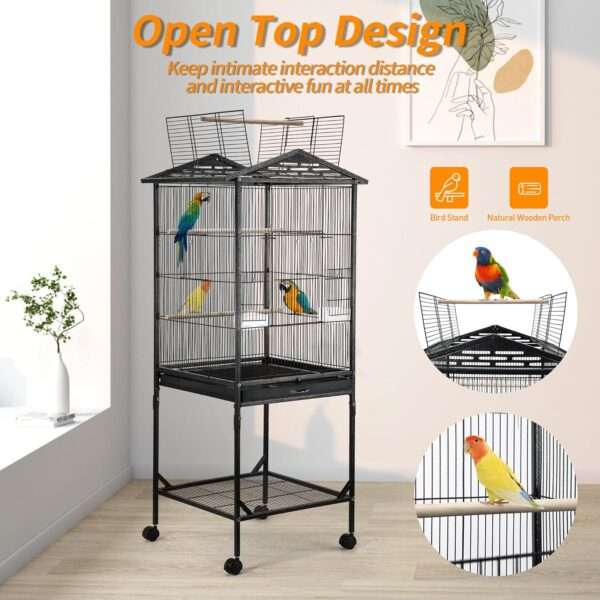 Jaula de hierro forjado para loros con techo abierto.