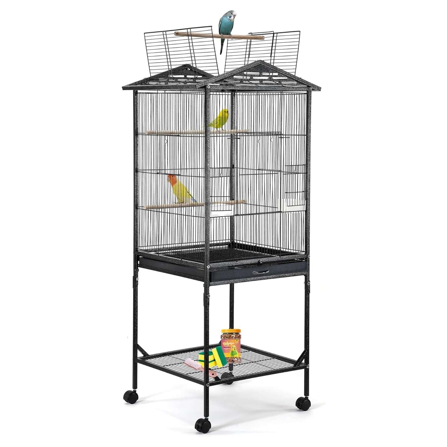 Jaula de hierro forjado para loros con techo abierto.