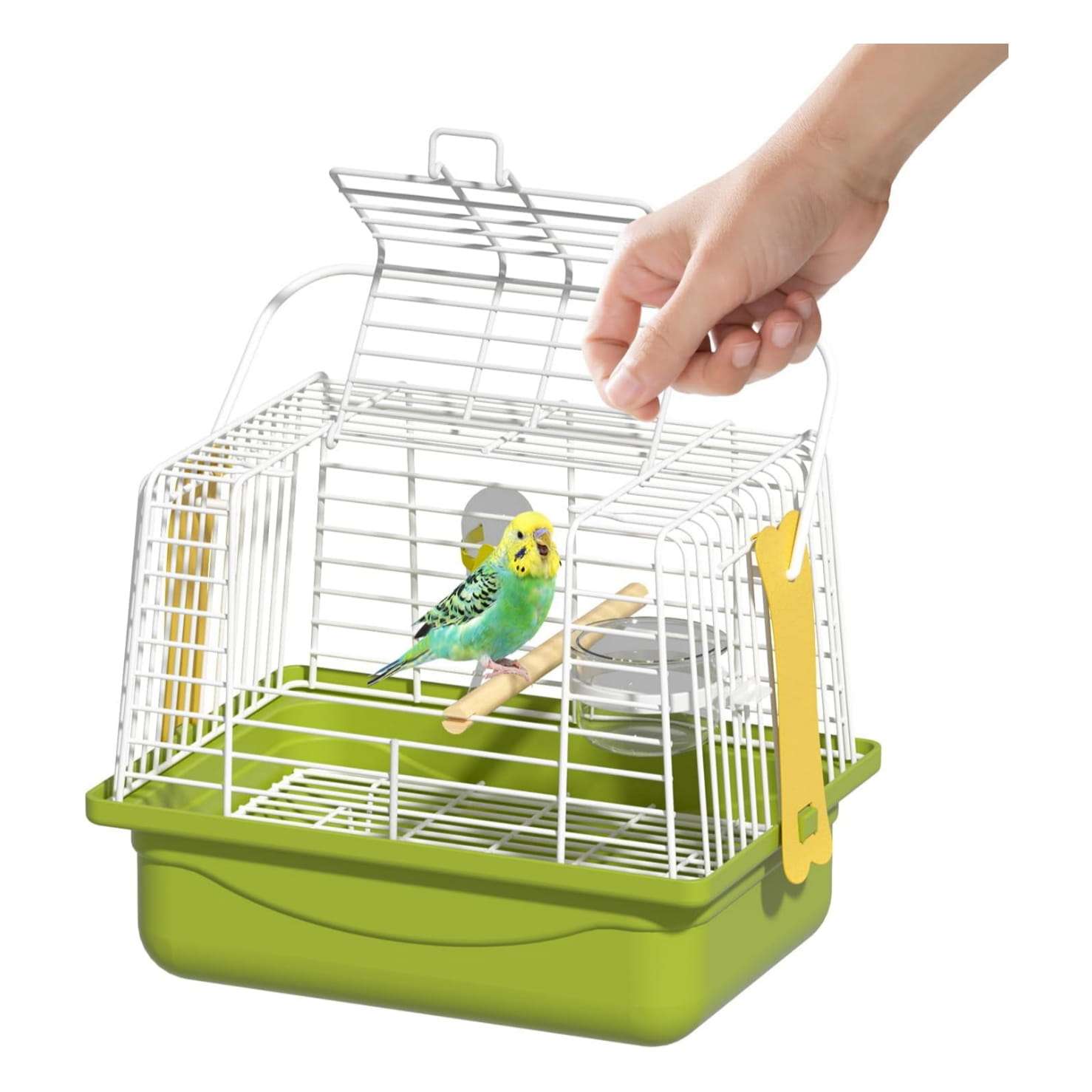 Jaula de viaje portátil para pájaros con apertura superior.