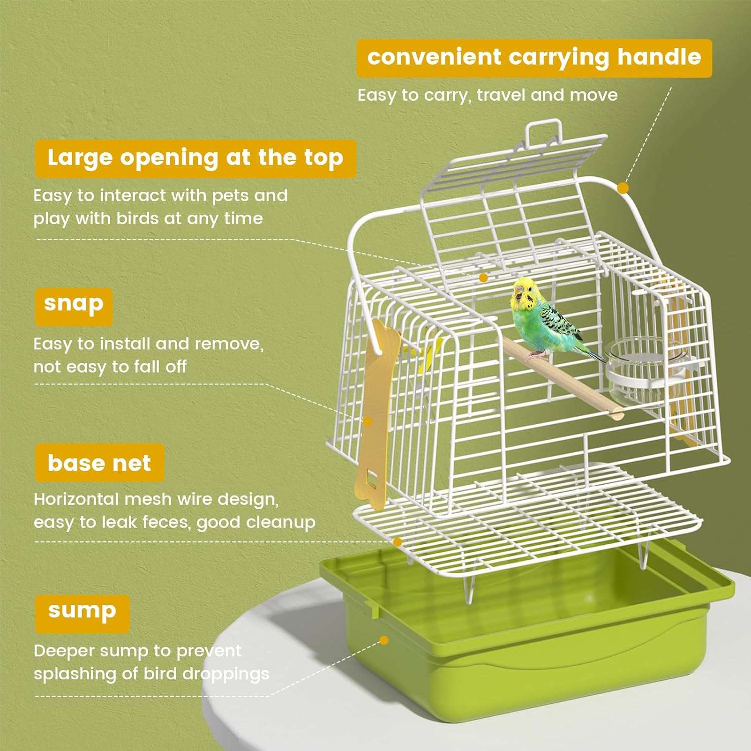 Jaula de viaje portátil para pájaros con apertura superior.