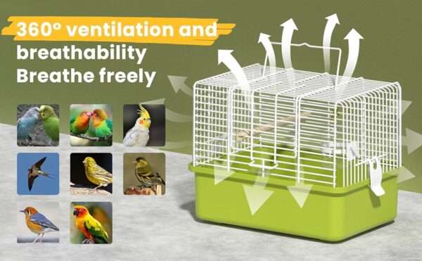 Jaula de viaje portátil para pájaros con apertura superior.