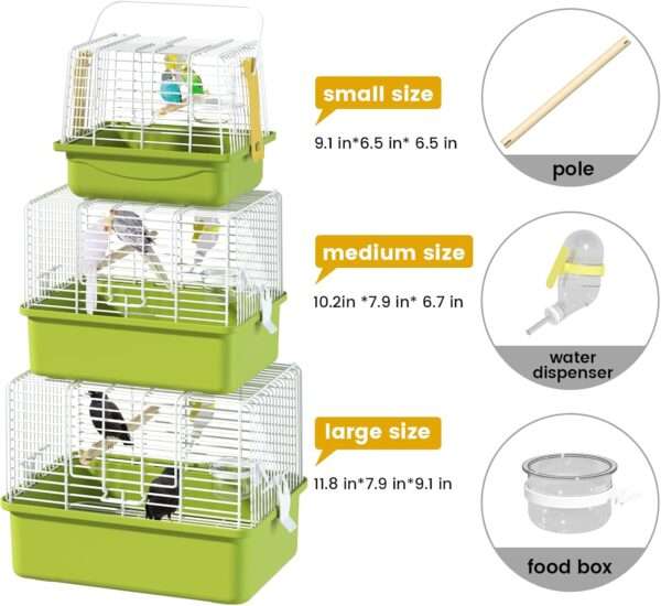 Jaula de viaje portátil para pájaros con apertura superior.