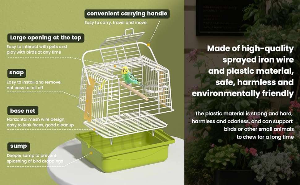 Jaula de viaje portátil para pájaros con apertura superior.