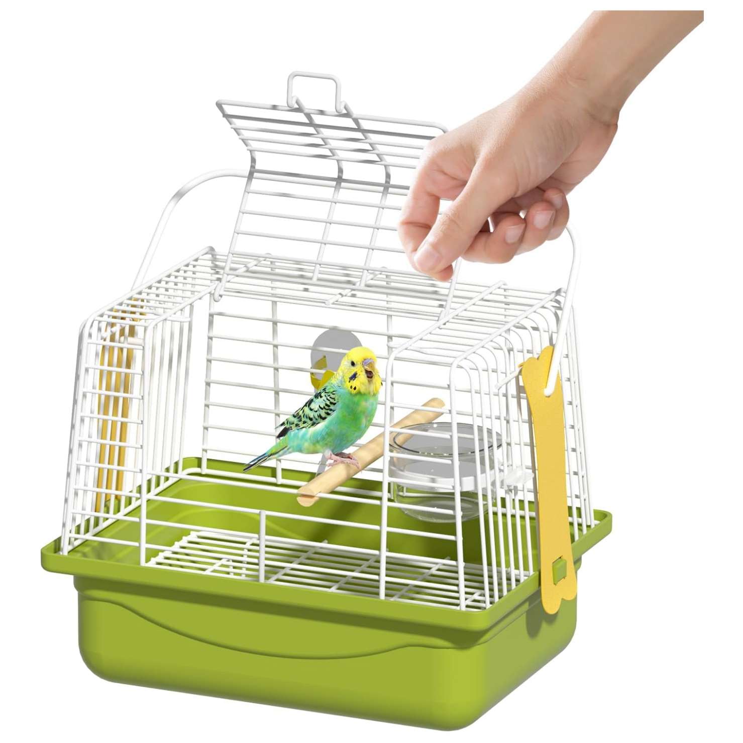 Jaula de viaje portátil para pájaros con apertura superior.