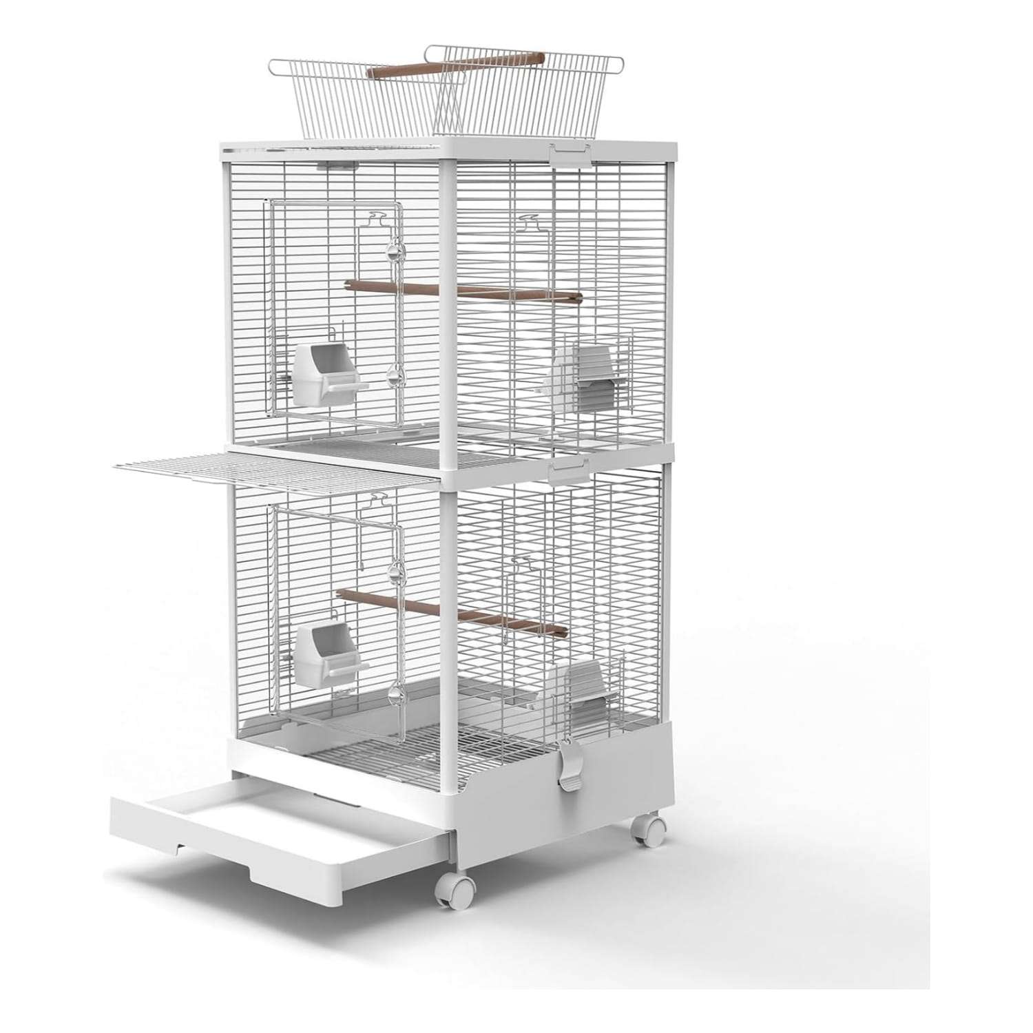 Jaula vertical divisible para aves con techo interactivo y panel frontal transparente.
