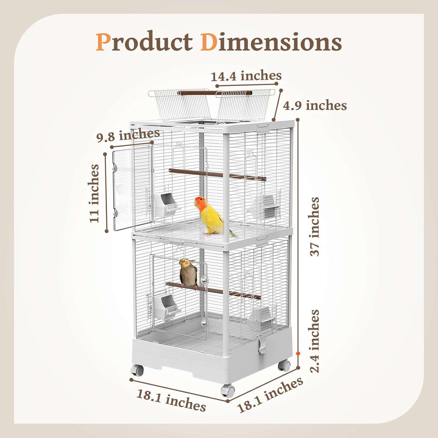 Jaula vertical divisible para aves con techo interactivo y panel frontal transparente.