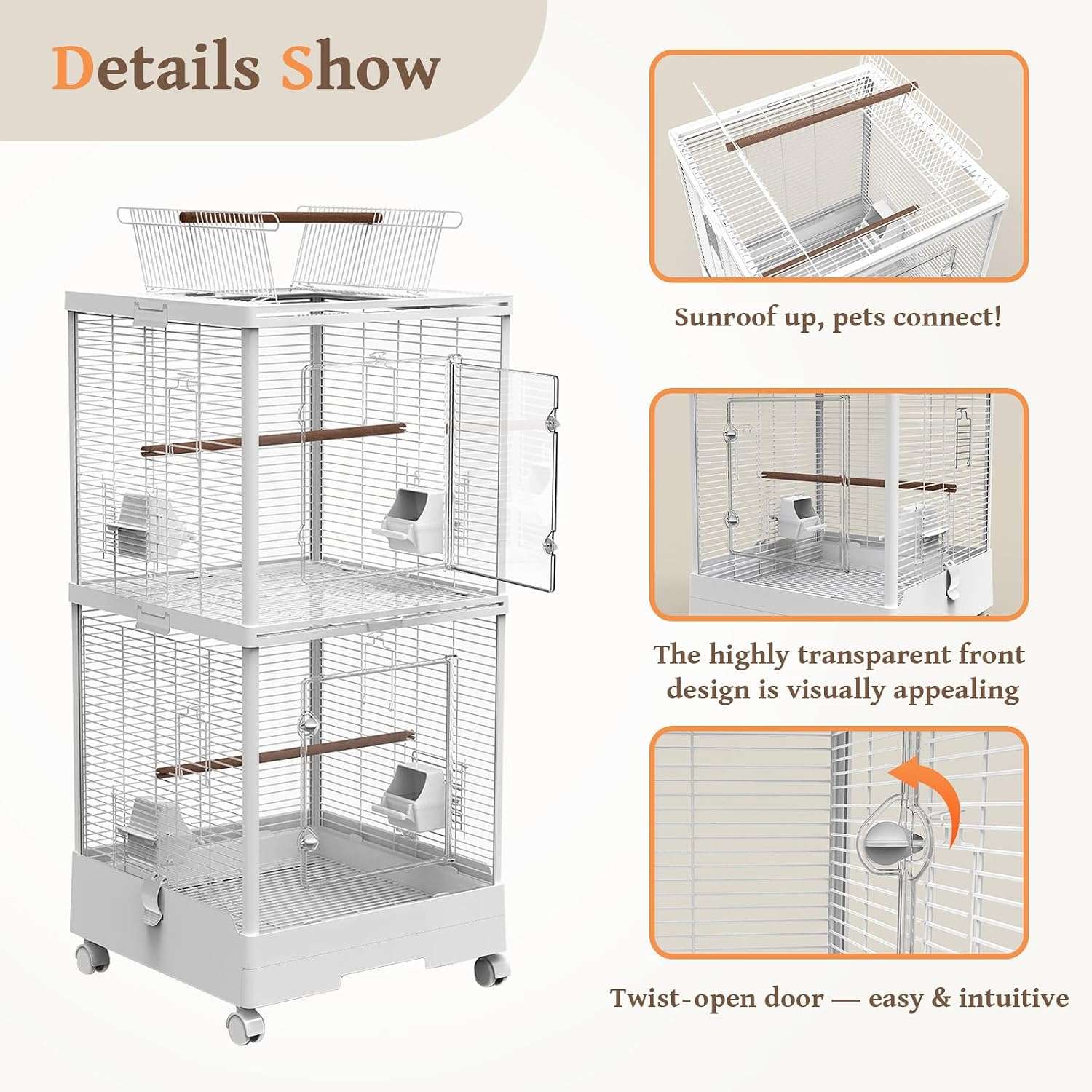 Jaula vertical divisible para aves con techo interactivo y panel frontal transparente.