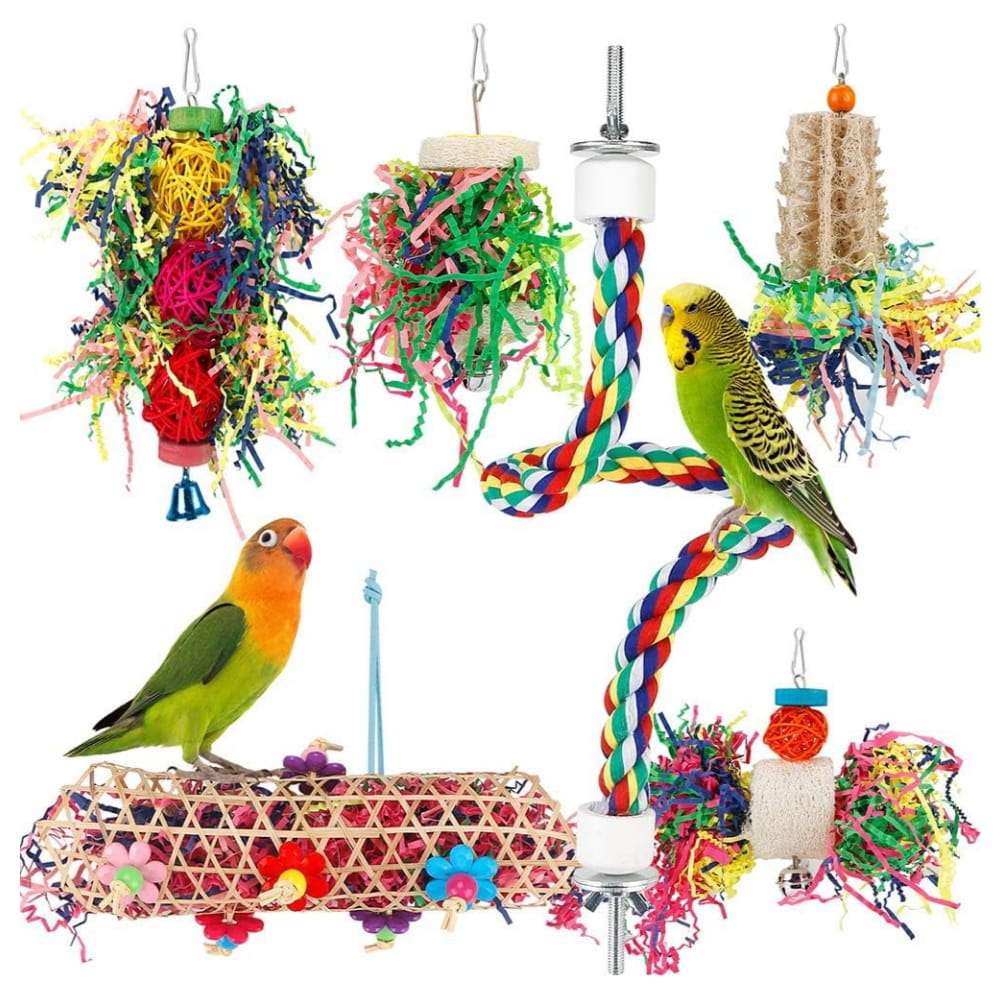 Juguetes masticables y trituradores para pajaros con percha de cuerda de algodon.