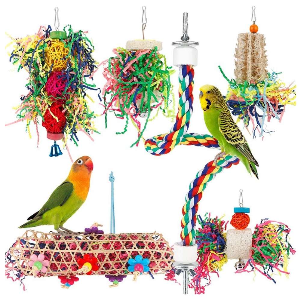 Juguete para forrajeo de loros. Set triturador con perca de cuerda.