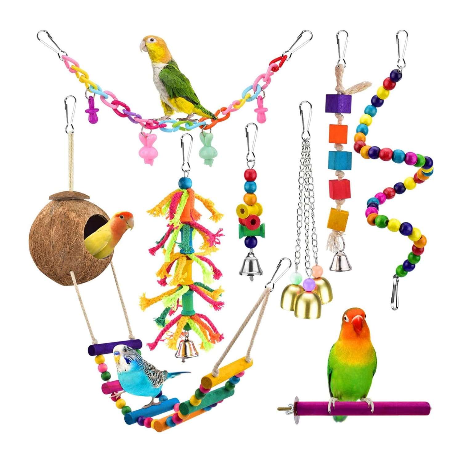 Kit de juguetes de madera para loros. Incluye columpios y accesorios para jaula.