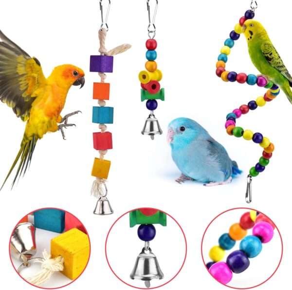 Kit de juguetes de madera para loros. Incluye columpios y accesorios para jaula.