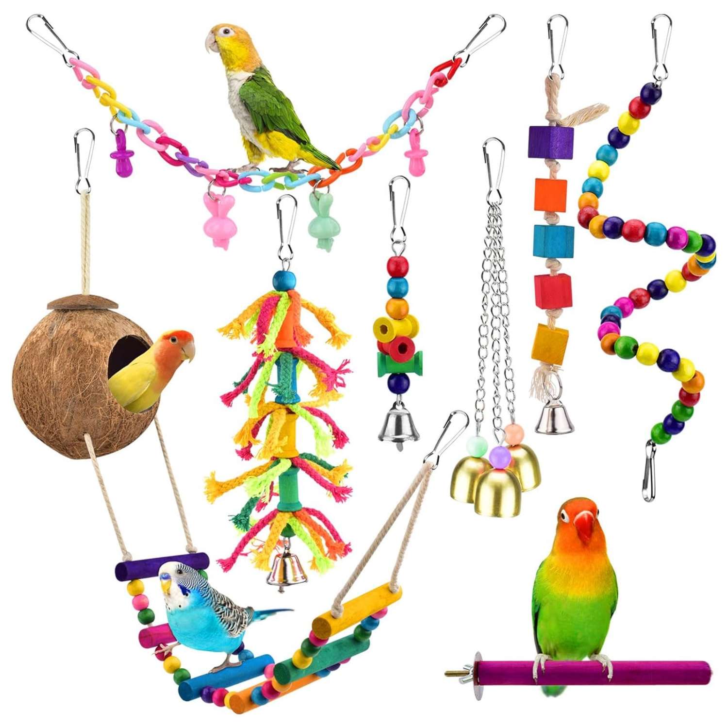 Kit de juguetes de madera para loros. Incluye columpios y accesorios para jaula.