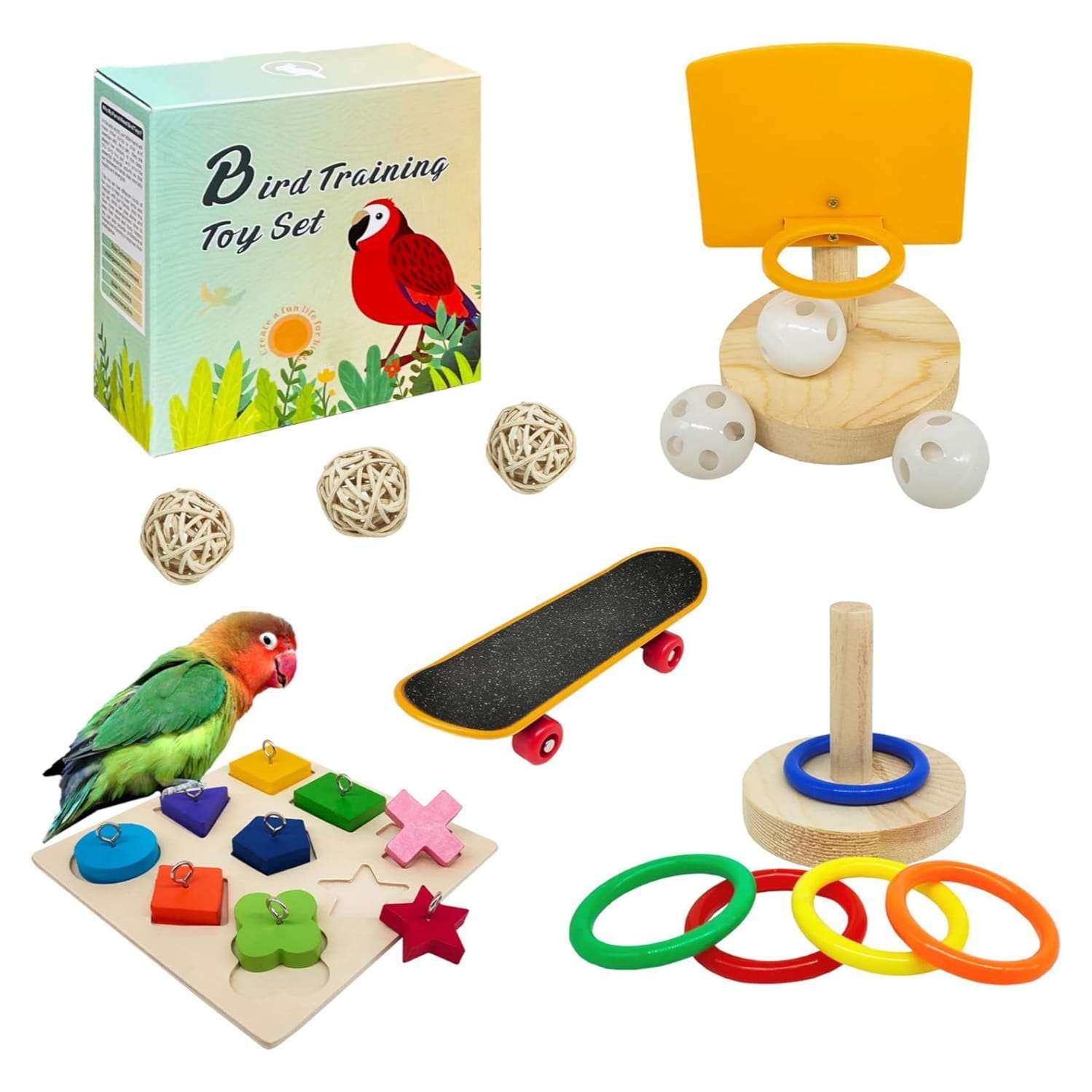 Kit de juguetes de entrenamiento para loros. Incluye 5 piezas para juego y diversión.
