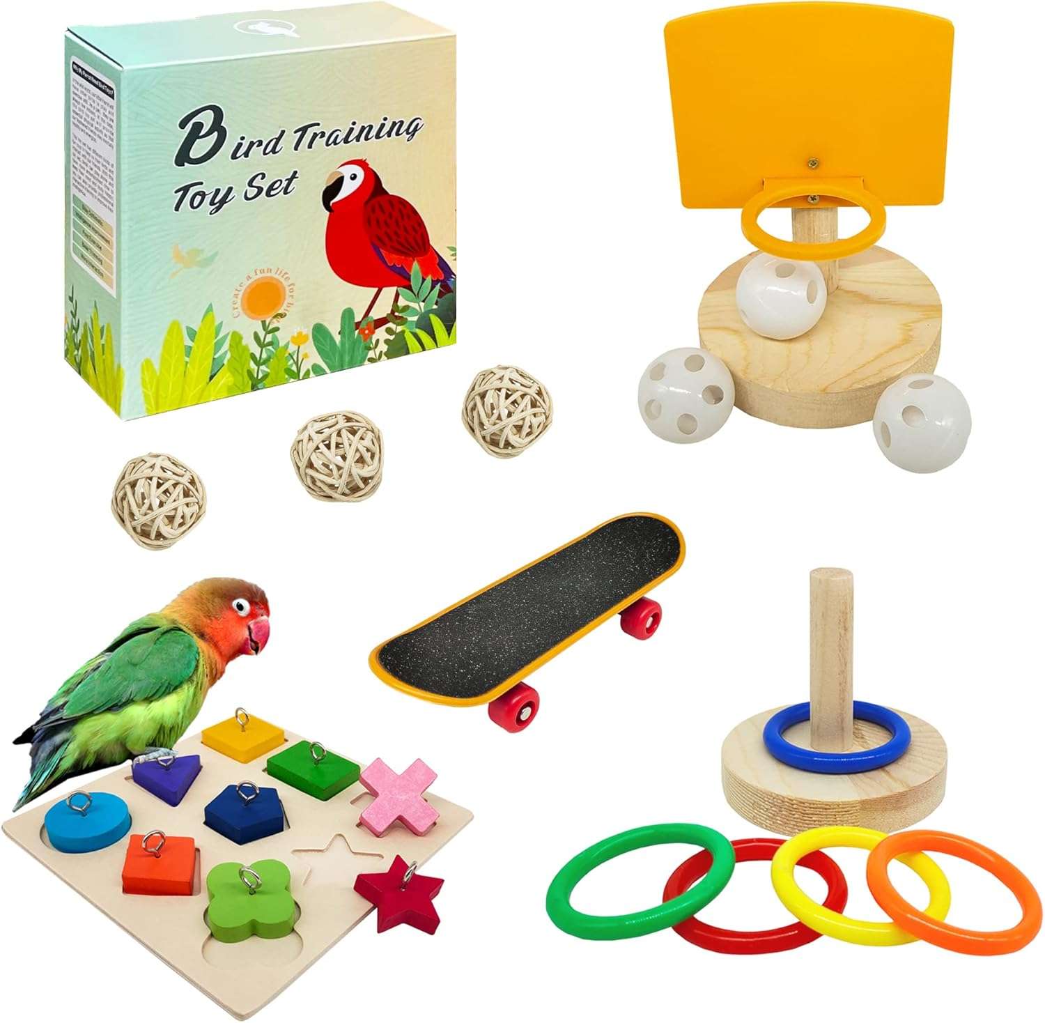 Kit de juguetes de entrenamiento para loros. Incluye 5 piezas para juego y diversión.