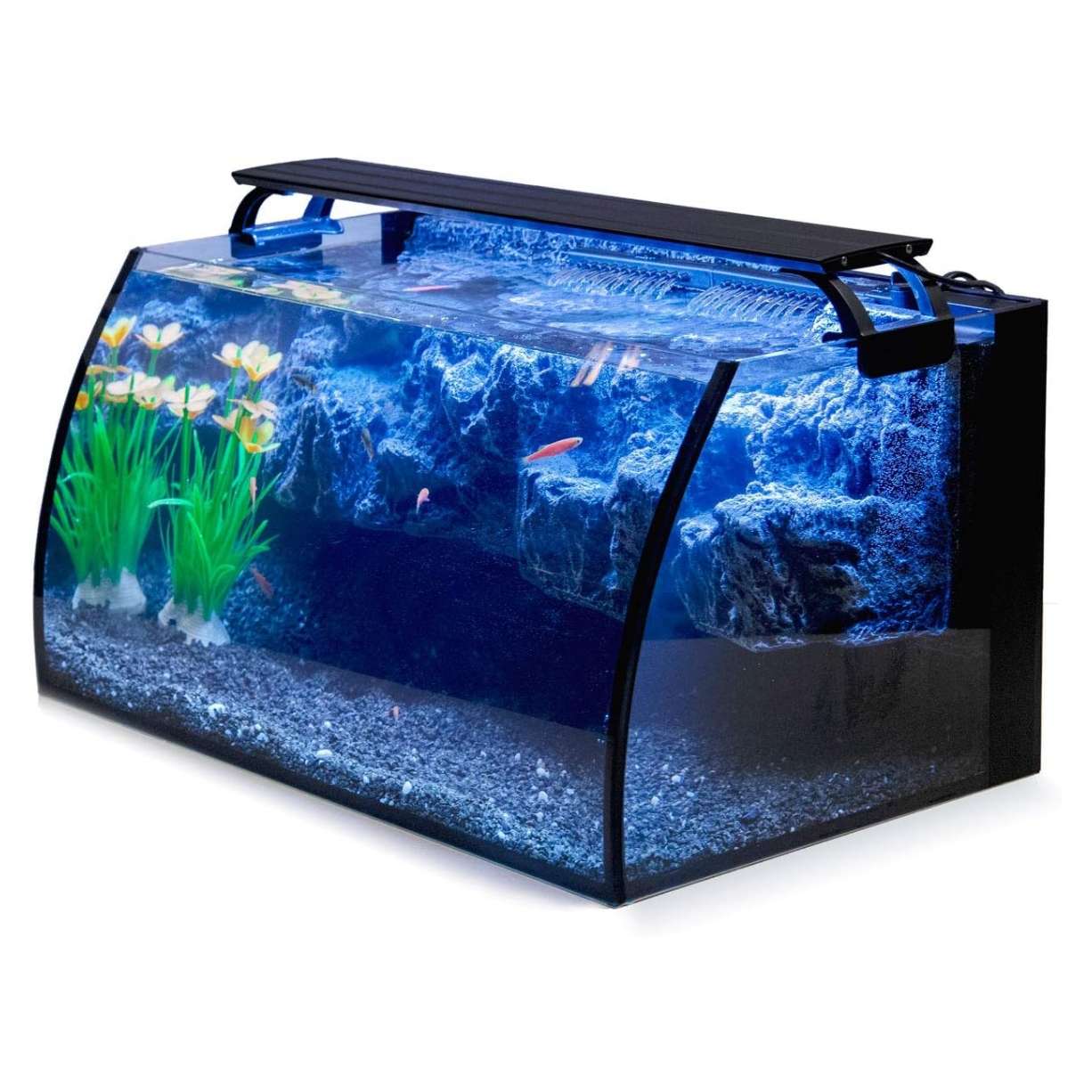 Kit acuario de vidrio curvo de 8 galones (48x30x24 cm). Incluye fondo 3D de montaña rocosa no desmontable, filtro interno de 7W y luz LED multimodo con controlador digital.
