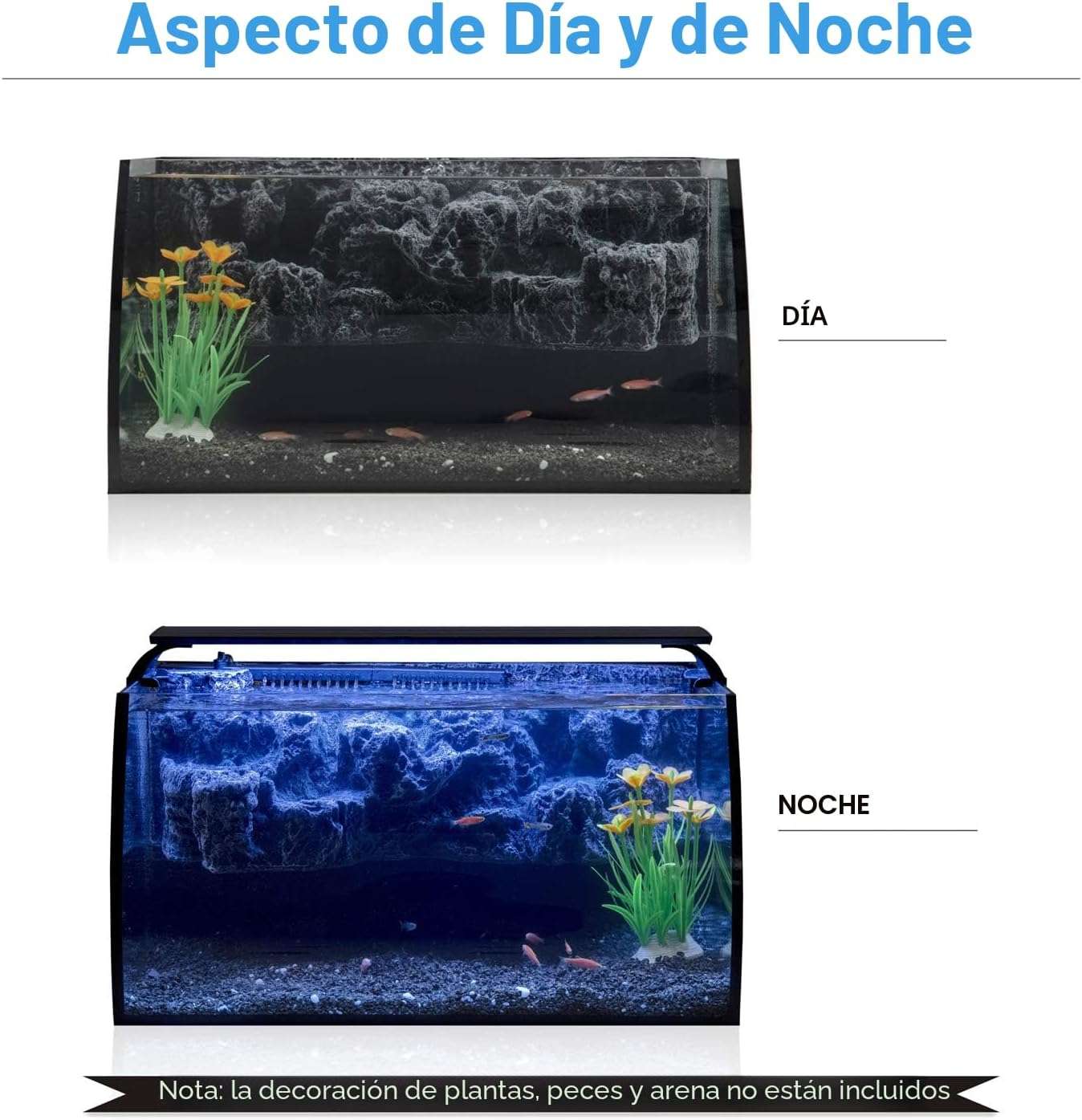Kit acuario de vidrio curvo de 8 galones (48x30x24 cm). Incluye fondo 3D de montaña rocosa no desmontable, filtro interno de 7W y luz LED multimodo con controlador digital.