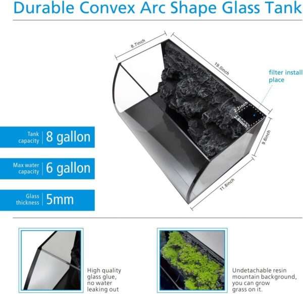 Kit acuario de vidrio curvo de 8 galones (48x30x24 cm). Incluye fondo 3D de montaña rocosa no desmontable, filtro interno de 7W y luz LED multimodo con controlador digital.