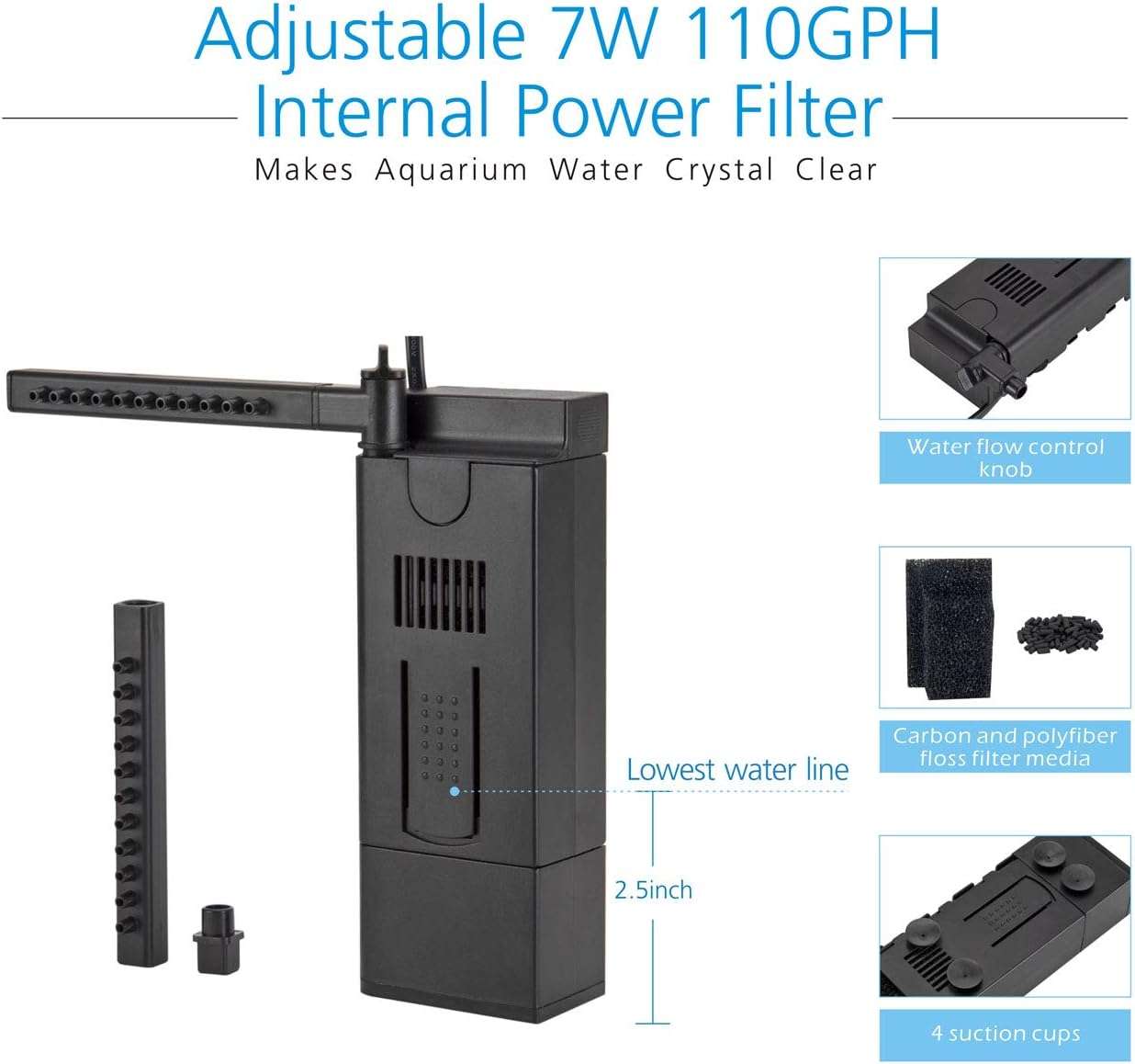 Kit acuario de vidrio curvo de 8 galones (48x30x24 cm). Incluye fondo 3D de montaña rocosa no desmontable, filtro interno de 7W y luz LED multimodo con controlador digital.