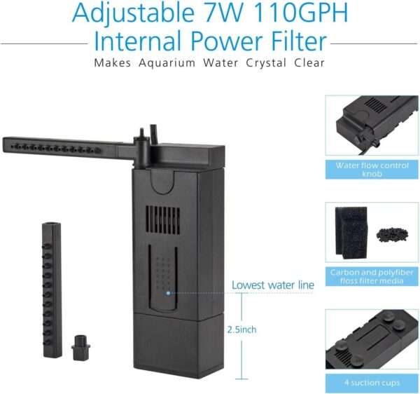 Kit acuario de vidrio curvo de 8 galones (48x30x24 cm). Incluye fondo 3D de montaña rocosa no desmontable, filtro interno de 7W y luz LED multimodo con controlador digital.