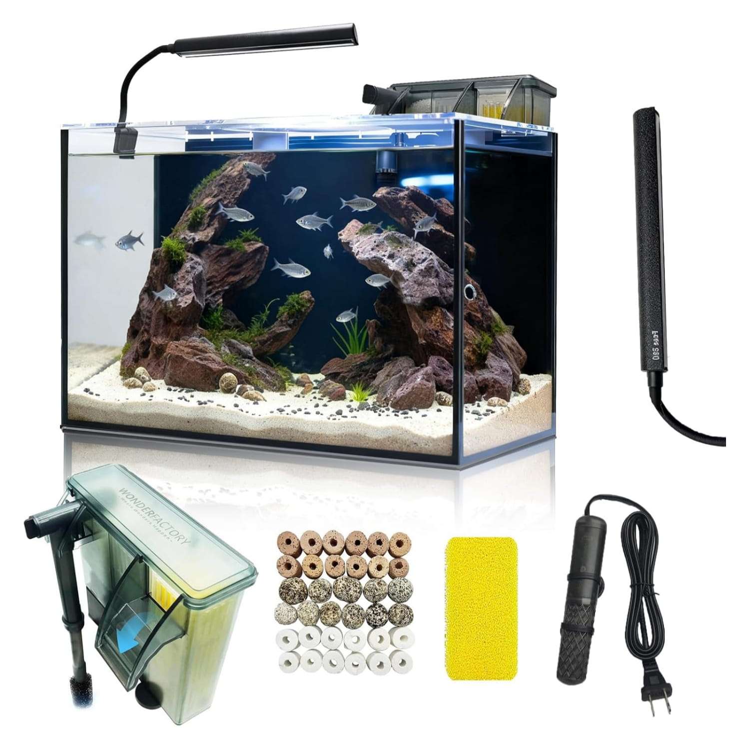Kit acuario de vidrio HD de 10 galones (50x25x31 cm) con calentador delgado, filtro Hang on Back, luz LED y herramientas de limpieza 5 en 1. Ideal para peces tropicales.