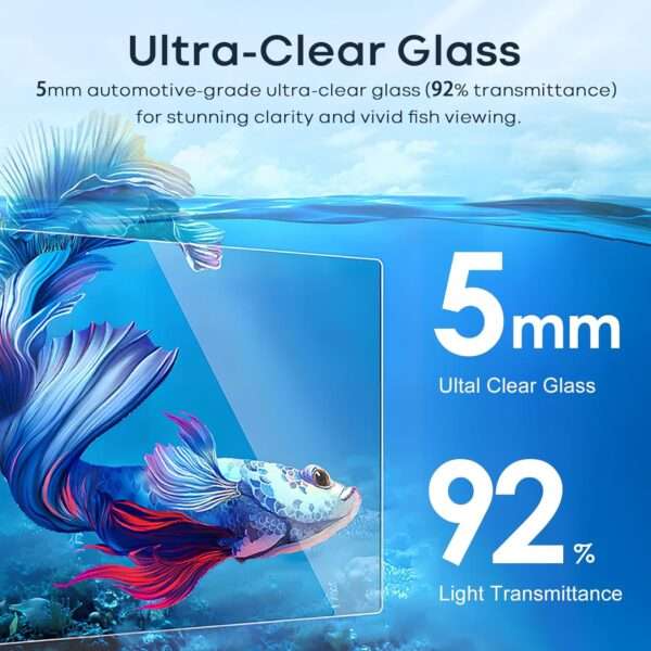 Kit acuario de vidrio HD de 10 galones (50x25x31 cm) con calentador delgado, filtro Hang on Back, luz LED y herramientas de limpieza 5 en 1. Ideal para peces tropicales.