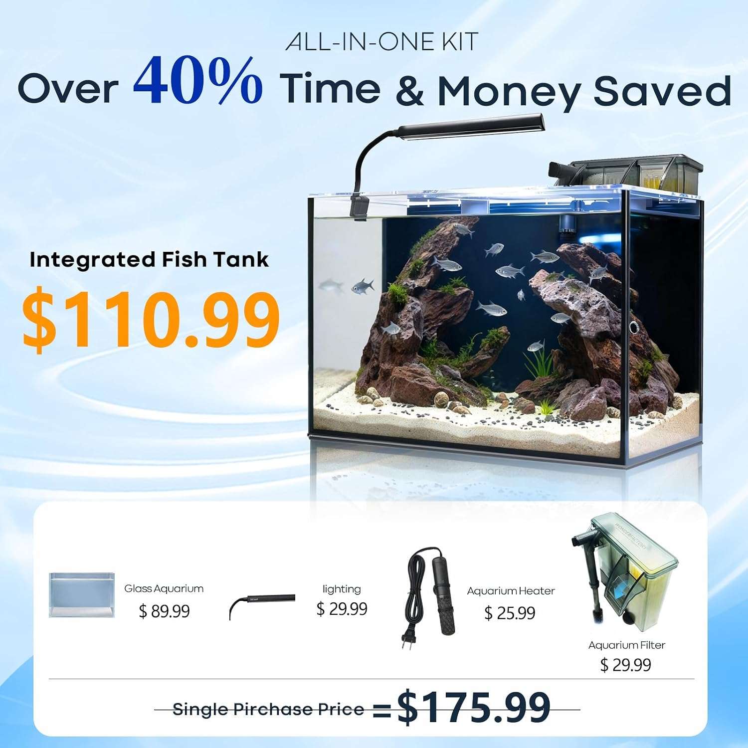 Kit acuario de vidrio HD de 10 galones (50x25x31 cm) con calentador delgado, filtro Hang on Back, luz LED y herramientas de limpieza 5 en 1. Ideal para peces tropicales.
