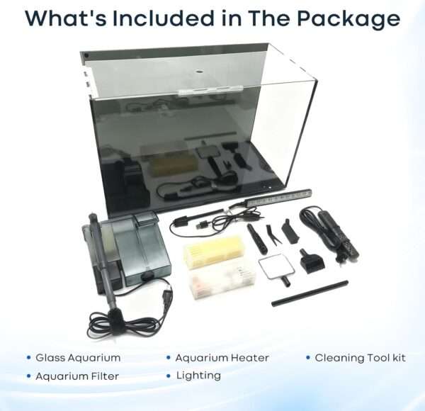Kit acuario de vidrio HD de 10 galones (50x25x31 cm) con calentador delgado, filtro Hang on Back, luz LED y herramientas de limpieza 5 en 1. Ideal para peces tropicales.