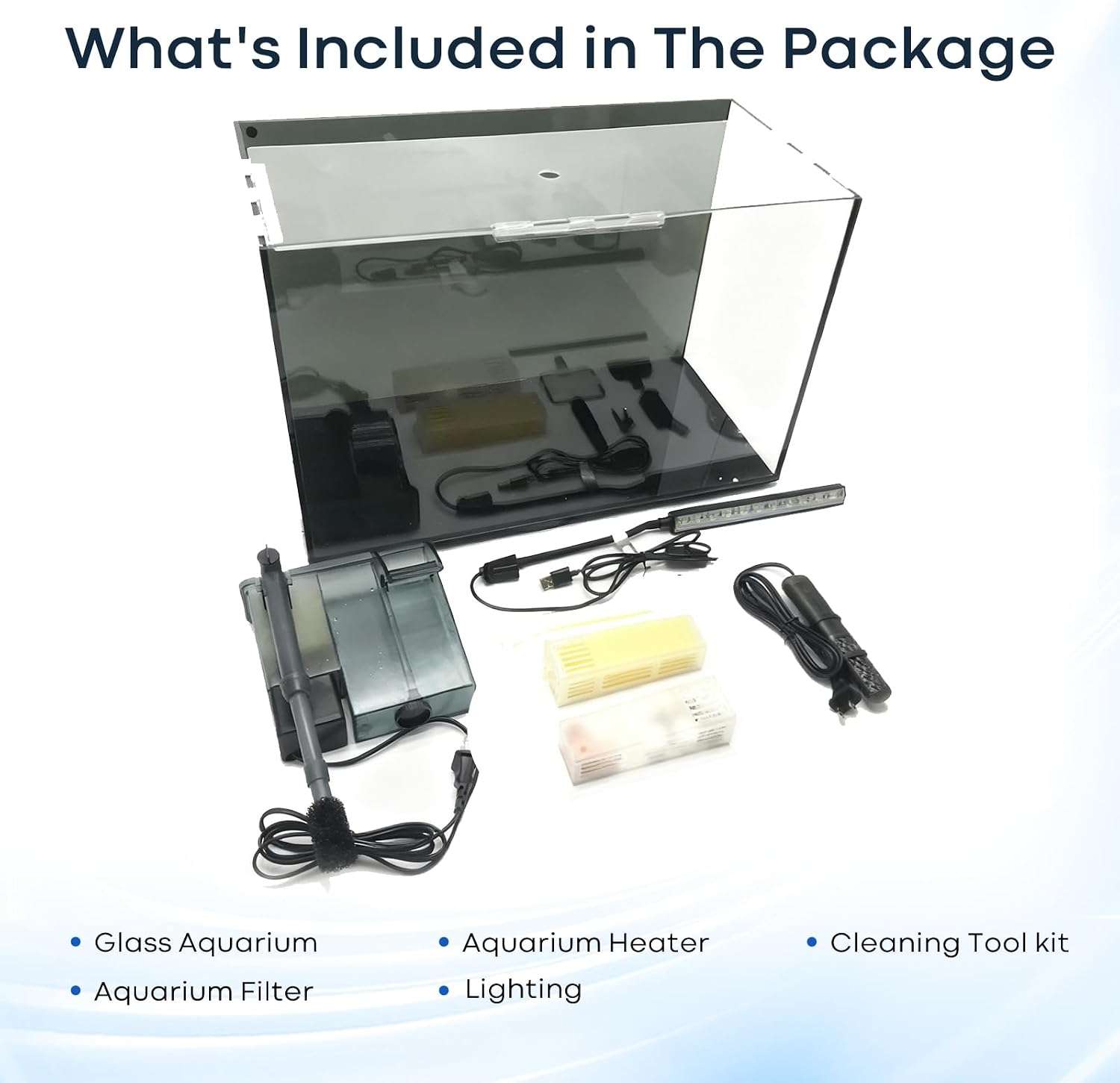Kit acuario de vidrio HD de 10 galones (50x25x31 cm) con calentador delgado, filtro Hang on Back, luz LED y herramientas de limpieza 5 en 1. Ideal para peces tropicales.
