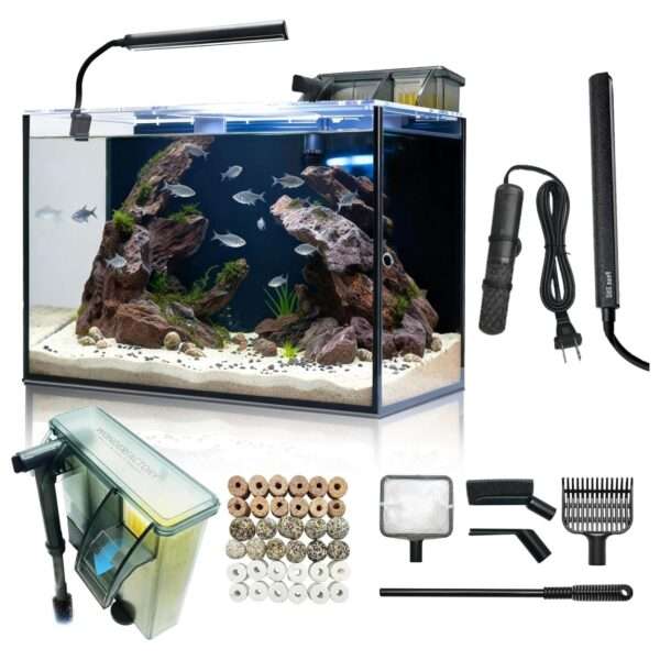 Kit acuario de vidrio HD de 10 galones (50x25x31 cm) con calentador delgado, filtro Hang on Back, luz LED y herramientas de limpieza 5 en 1. Ideal para peces tropicales.