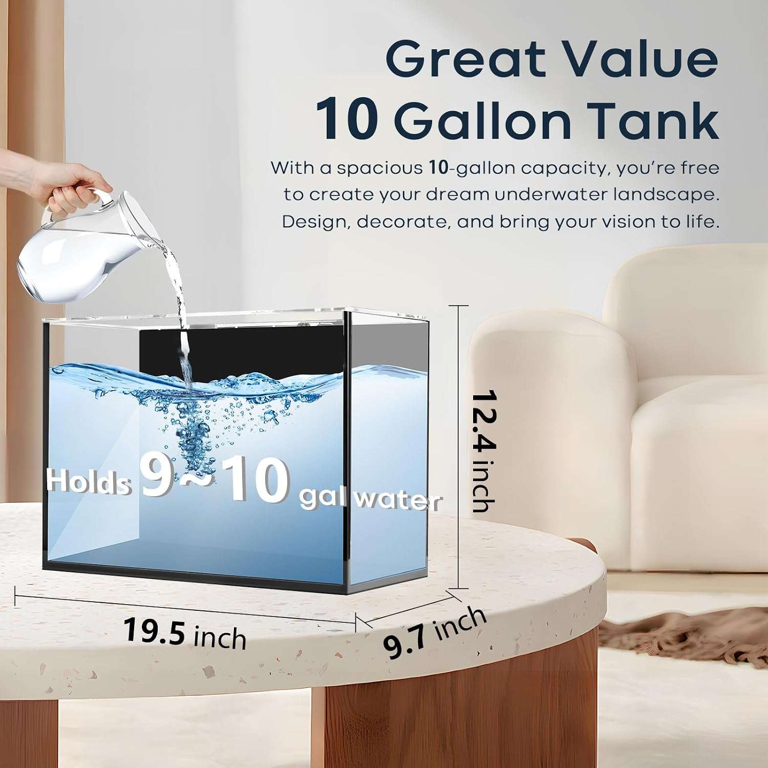 Kit acuario de vidrio HD de 10 galones (50x25x31 cm) con calentador delgado, filtro Hang on Back, luz LED y herramientas de limpieza 5 en 1. Ideal para peces tropicales.