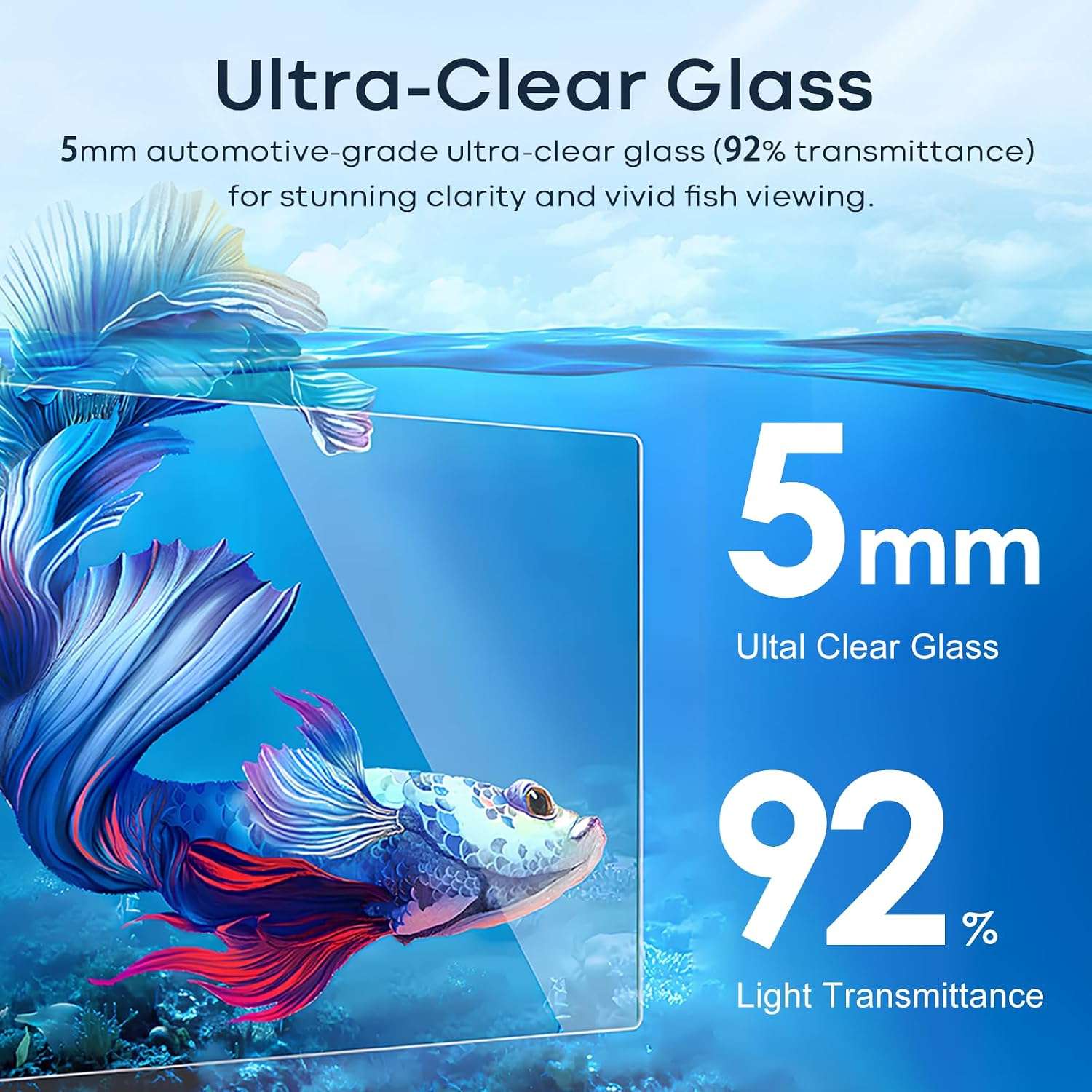 Kit acuario de vidrio HD de 10 galones (50x25x31 cm) con calentador delgado, filtro Hang on Back, luz LED y herramientas de limpieza 5 en 1. Ideal para peces tropicales.