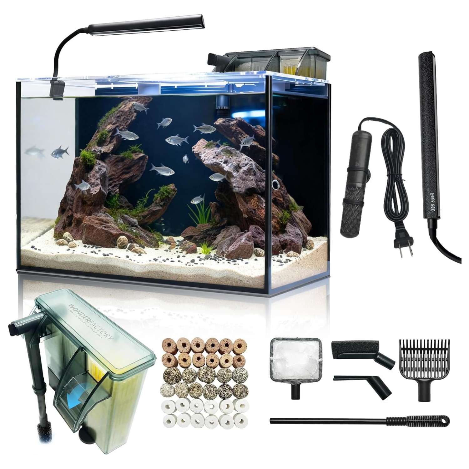 Kit acuario de vidrio HD de 10 galones (50x25x31 cm) con calentador delgado, filtro Hang on Back, luz LED y herramientas de limpieza 5 en 1. Ideal para peces tropicales.