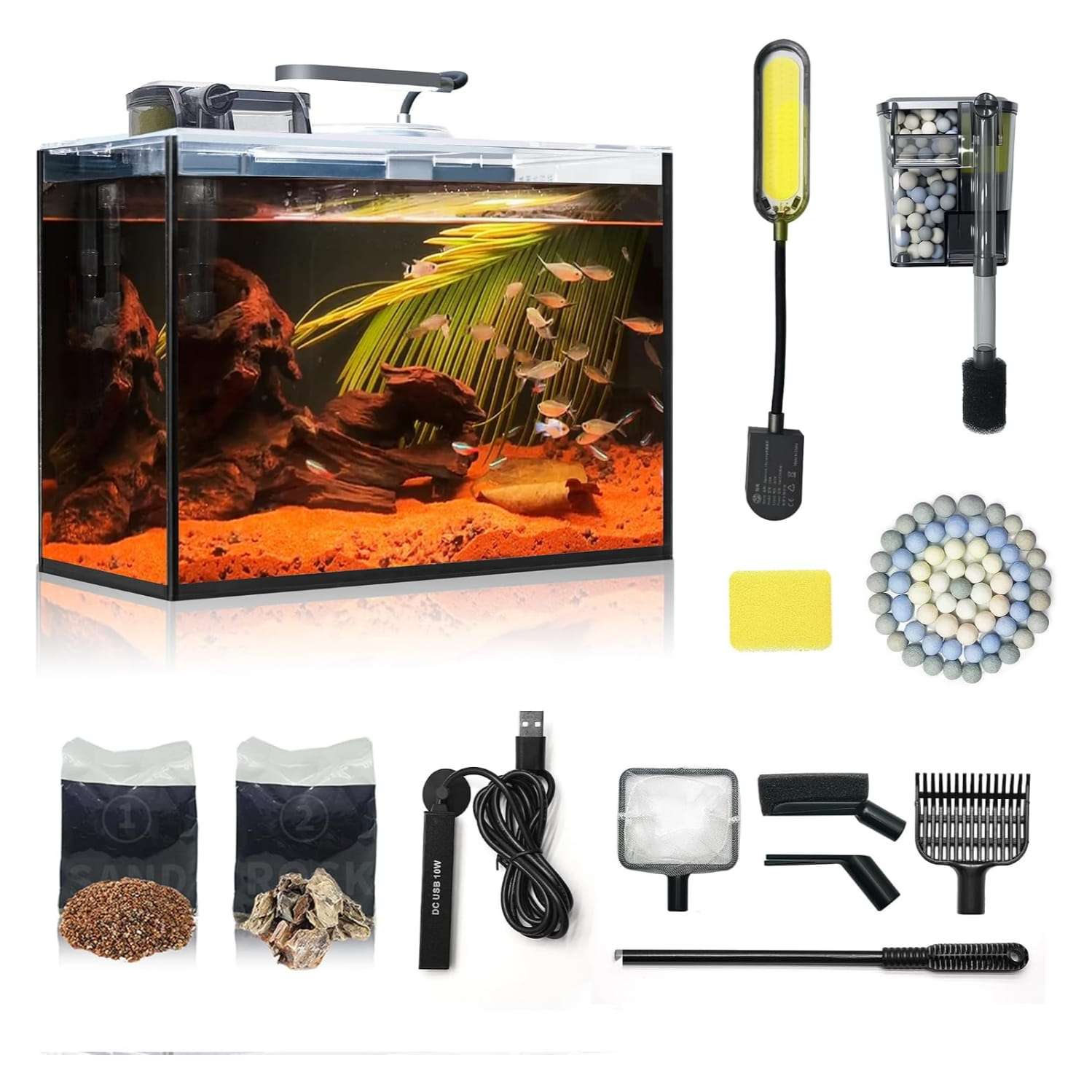 Kit Acuario de Vidrio HD 2.6 Galones (30x15x22 cm) con calentador delgado de 10W, filtro 3 en 1 silencioso y luz COB. Incluye sustrato y herramientas de limpieza.