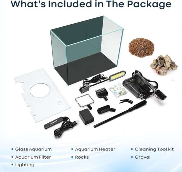 Kit Acuario de Vidrio HD 2.6 Galones (30x15x22 cm) con calentador delgado de 10W, filtro 3 en 1 silencioso y luz COB. Incluye sustrato y herramientas de limpieza.