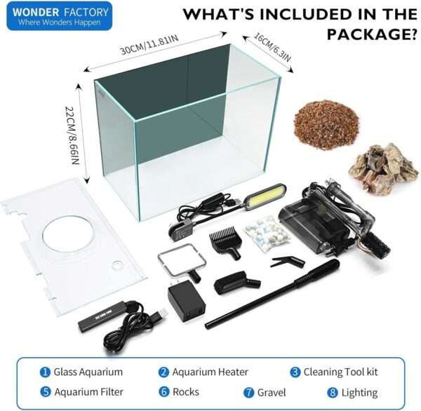 Kit Acuario de Vidrio HD 2.6 Galones (30x15x22 cm) con calentador delgado de 10W, filtro 3 en 1 silencioso y luz COB. Incluye sustrato y herramientas de limpieza.