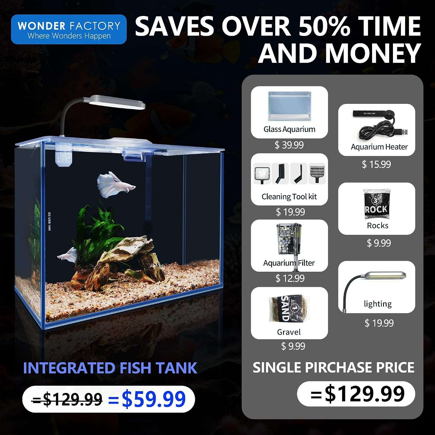 Kit Acuario de Vidrio HD 2.6 Galones (30x15x22 cm) con calentador delgado de 10W, filtro 3 en 1 silencioso y luz COB. Incluye sustrato y herramientas de limpieza.