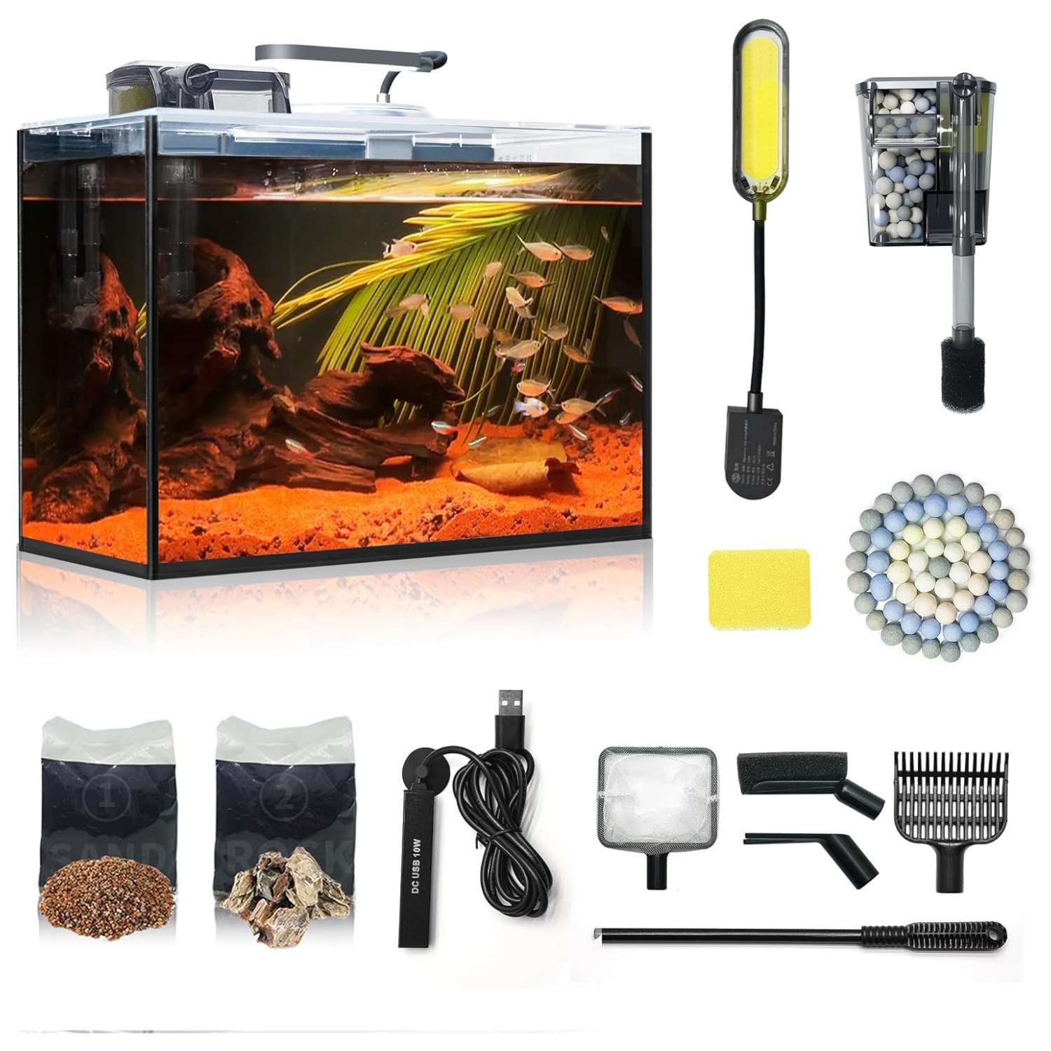 Kit Acuario de Vidrio HD 2.6 Galones (30x15x22 cm) con calentador delgado de 10W, filtro 3 en 1 silencioso y luz COB. Incluye sustrato y herramientas de limpieza.