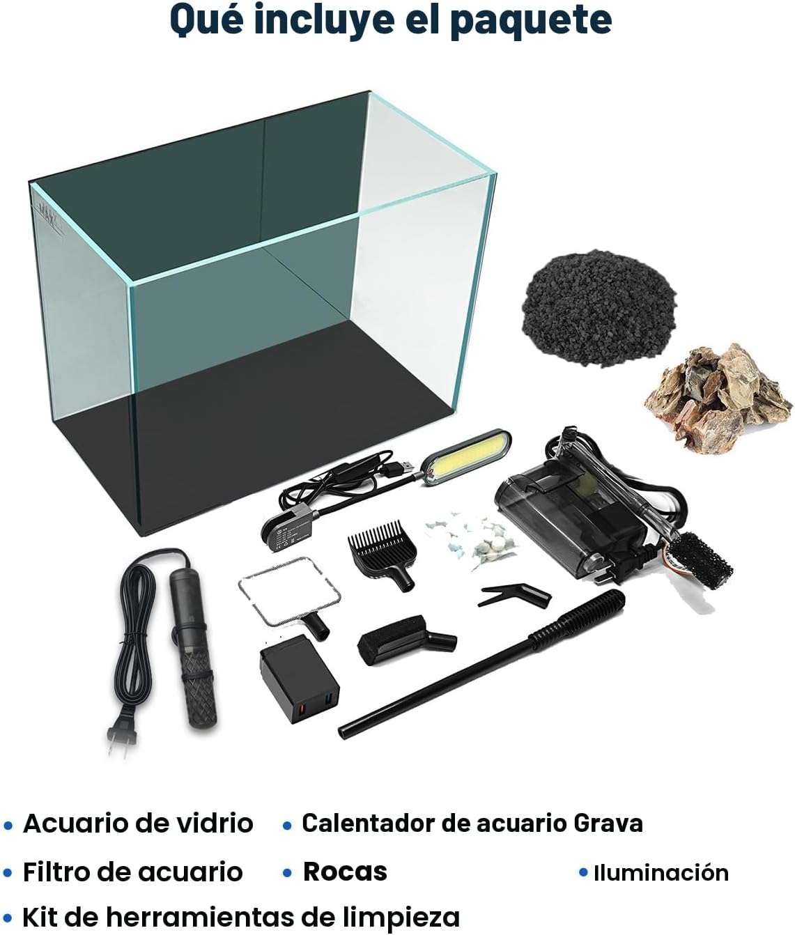 Kit acuario de vidrio HD de 6 galones (40x20x30 cm). Incluye calentador para peces tropicales, filtro HOB avanzado, luz COB, sustrato y rocas de decoración.