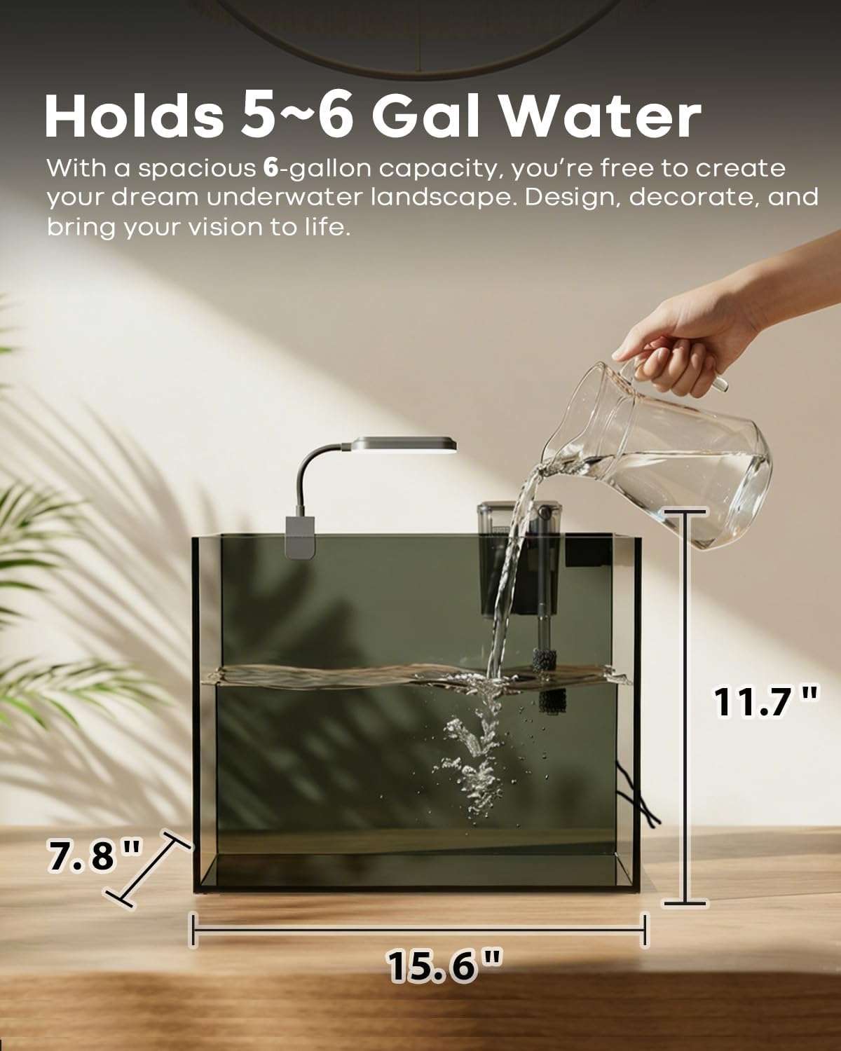 Kit acuario de vidrio HD de 6 galones (40x20x30 cm). Incluye calentador para peces tropicales, filtro HOB avanzado, luz COB, sustrato y rocas de decoración.
