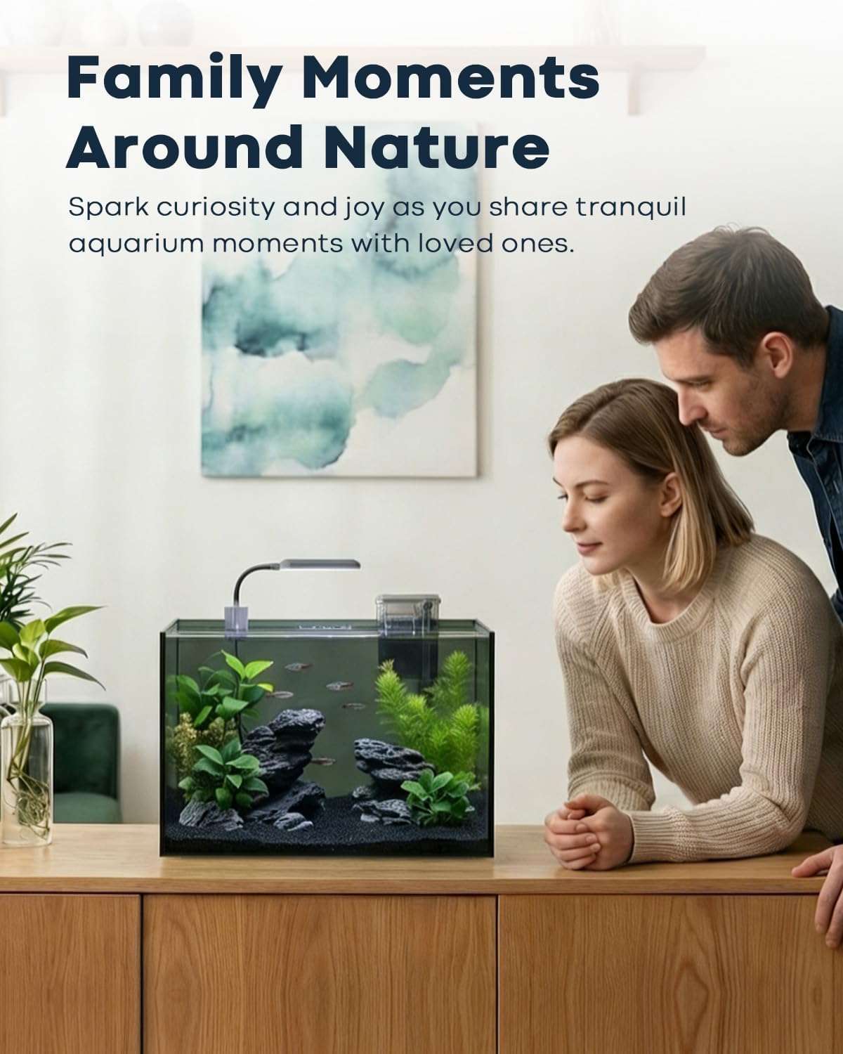 Kit acuario de vidrio HD de 6 galones (40x20x30 cm). Incluye calentador para peces tropicales, filtro HOB avanzado, luz COB, sustrato y rocas de decoración.
