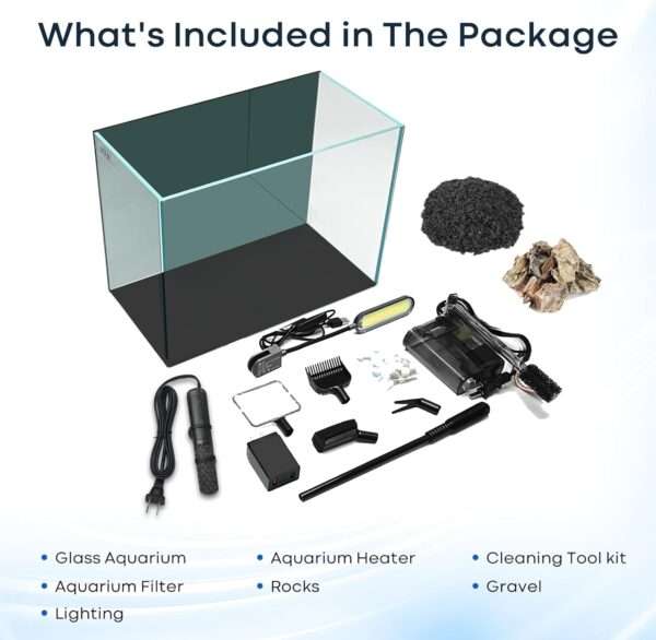 Kit acuario de vidrio HD de 6 galones (40x20x30 cm). Incluye calentador para peces tropicales, filtro HOB avanzado, luz COB, sustrato y rocas de decoración.