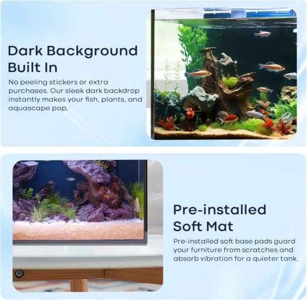 Kit acuario de vidrio HD de 6 galones (40x20x30 cm). Incluye calentador para peces tropicales, filtro HOB avanzado, luz COB, sustrato y rocas de decoración.