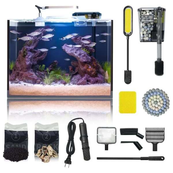 Kit acuario de vidrio HD de 6 galones (40x20x30 cm). Incluye calentador para peces tropicales, filtro HOB avanzado, luz COB, sustrato y rocas de decoración.