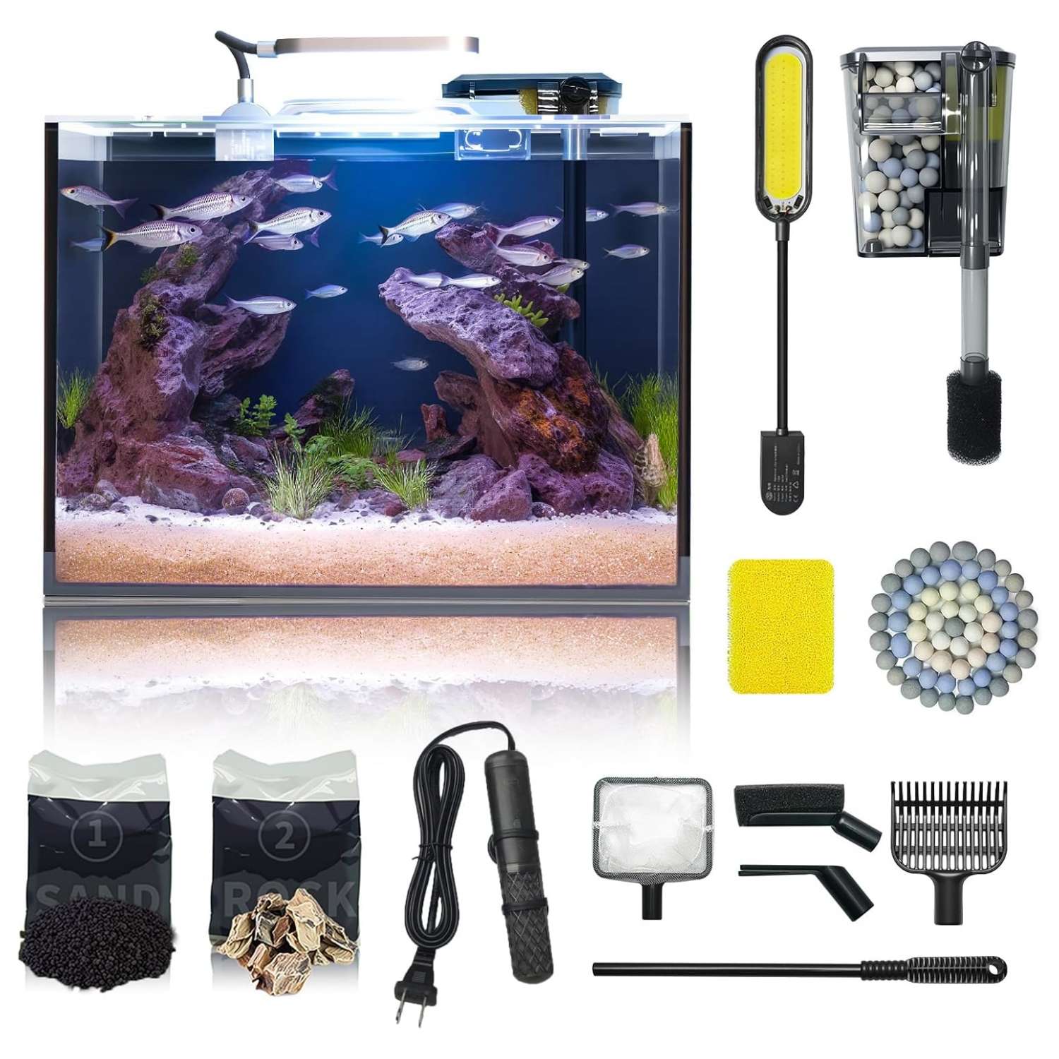 Kit acuario de vidrio HD de 6 galones (40x20x30 cm). Incluye calentador para peces tropicales, filtro HOB avanzado, luz COB, sustrato y rocas de decoración.