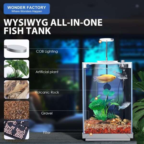 Kit Acuario de vidrio sin borde 2-3 galones (20x18x30 cm). Filtro inferior oculto ultra silencioso, luz LED brillante, grava, rocas y plantas artificiales para acuarios bettas.