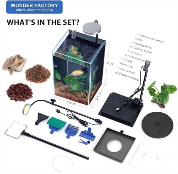 Kit Acuario de vidrio sin borde 2-3 galones (20x18x30 cm). Filtro inferior oculto ultra silencioso, luz LED brillante, grava, rocas y plantas artificiales para acuarios bettas.